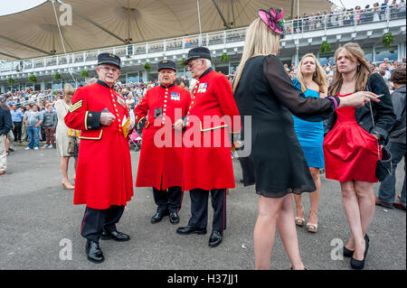 Racegoers in una Gloriosa Goodwood raceday. Foto Stock