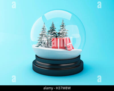 3D renderer immagine. Snow Dome con un regalo di natale e da alberi di pino. Concetto di natale. Foto Stock