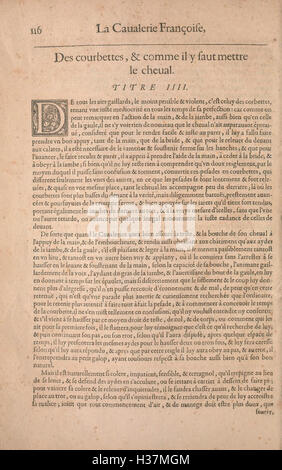 Questo lavoro esplora l'arte di addestrare i cavalli secondo le migliori pratiche della tradizione cavalleria francese e italiana, enfatizzando le tecniche appropriate per l'addestramento e la gestione dei cavalli. Foto Stock