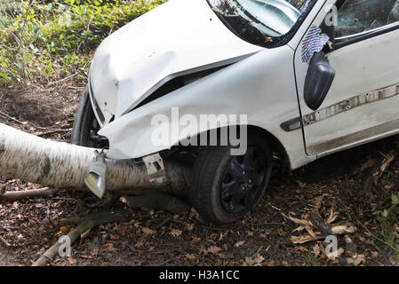 1999 Citroen Saxo si è schiantato in una struttura a ponte Gatewood, Exbury, nuova foresta 05 ottobre 2016 Foto Stock