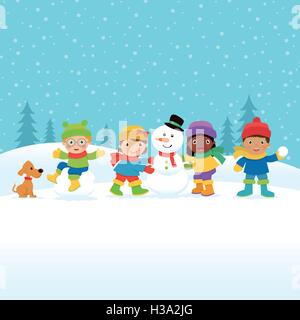 Bambini che costruiscono un pupazzo di neve Illustrazione Vettoriale