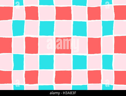 Rosso, blu e rosa strappato piazze retrò pattern Foto Stock
