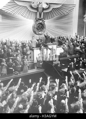 Sessione del Reichstag sulla dichiarazione di guerra contro la Polonia in Kroll Opera House a Berlino, 1939 Foto Stock