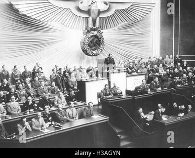 Sessione del Reichstag sulla dichiarazione di guerra contro la Polonia in Kroll Opera House a Berlino, 1939 Foto Stock