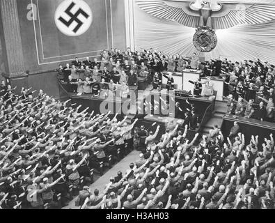 Hitler del discorso davanti al Reichstag in Kroll Opera House a Berlino, 1939 Foto Stock