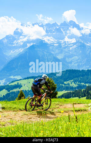 Rider che partecipano al Pass'Portes du Soleil 2016 MTB mountain bike evento attraverso il confine franco-svizzero Foto Stock