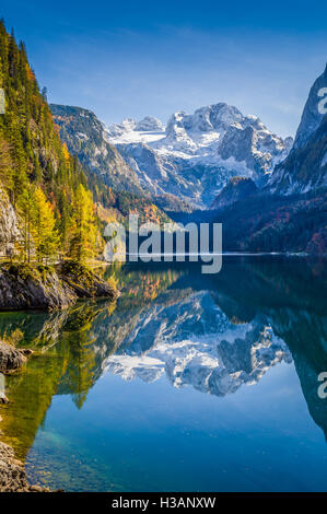 Dachstein mountain summit riflettendo in crystal clear Gosausee montagna in autunno, regione del Salzkammergut, Austria superiore, Austria Foto Stock