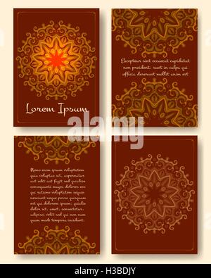 Ornato vintage pagine con mandala pattern. Modelli decorativi per brochure, volantini, opuscoli in motivi orientali Illustrazione Vettoriale