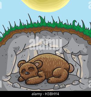 Carino Sleeping Bear in tana / grotta. La stagione al di fuori è in primavera o in estate . Alta qualità illustrazione vettoriale. Illustrazione Vettoriale