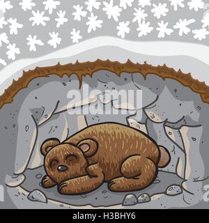 Carino Sleeping Bear in tana / grotta. La stagione al di fuori è inverno. Alta qualità illustrazione vettoriale. Illustrazione Vettoriale