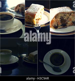 Tazza di caffè e dessert sulla tavola il fuoco selettivo, chiave di basso, tonica collage di immagini Foto Stock
