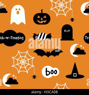 Halloween seamless sfondo pattern design piatto. Icona di zucca, bat, fantasma, spider. di elementi di disegno di festa di Halloween Illustrazione Vettoriale