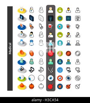 Set di icone in stile differente - isometrica e piatto otline, colorate e le versioni di colore nero Illustrazione Vettoriale