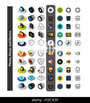 Set di icone in stile differente - isometrica e piatto otline, colorate e le versioni di colore nero Illustrazione Vettoriale