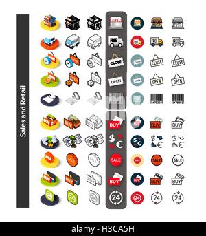 Set di icone in stile differente - isometrica e piatto otline, colorate e le versioni di colore nero Illustrazione Vettoriale