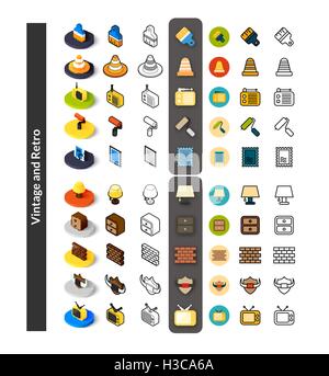 Set di icone in stile differente - isometrica e piatto otline, colorate e le versioni di colore nero Illustrazione Vettoriale