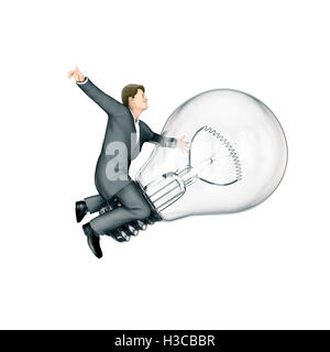 Grande idea imprenditore / 3D illustrazione di imprenditore figura gigante di equitazione lampadina Foto Stock