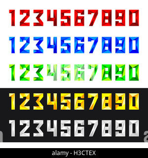 Le figure 1, 2, 3, 4, 5, 6, 7, 8, 9, 0 in formato vettoriale. Serie di numeri da 0 a 9 in stile poligonale. Set numerico in cinque colori Foto Stock