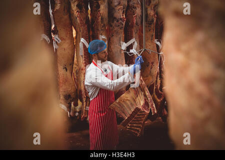 Butcher appendere le carni rosse nella stanza di deposito Foto Stock