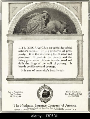 1920 un annuncio da un originale vecchia vintage rivista americana 1920s pubblicità pubblicità Prudential Insurance Company of America Foto Stock