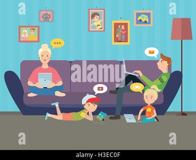 Illustrazione della famiglia utilizzando gadget elettronici Illustrazione Vettoriale