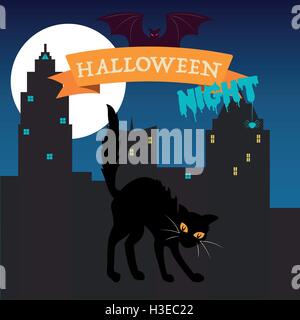Gatto nero su happy Halloween card Illustrazione Vettoriale