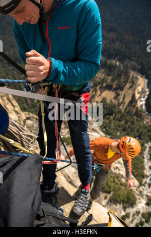 Due uomini free climbing una grande parete rotta su El Capitan in Yosemite National Prk nelle montagne della Sierra Nevada, in California. Foto Stock