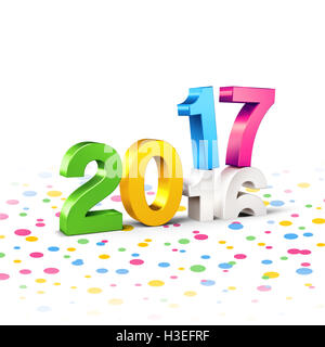Colorato 2017 Anno Nuovo tipo su 2016, sulla massa bianca piena di coriandoli - 3D illustrazione Foto Stock