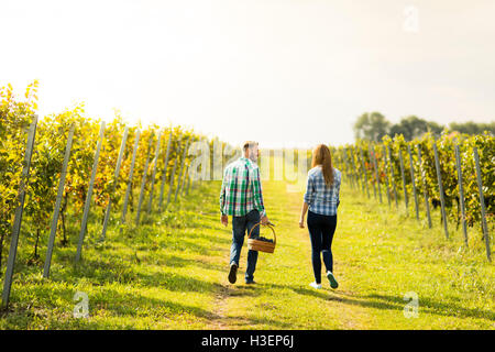 Coppia di viticoltori passeggiate in vigna Foto Stock