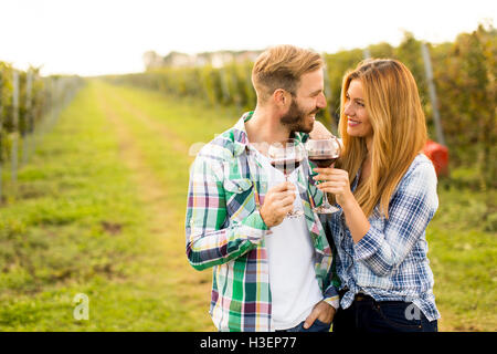 Giovane coppia felice azienda bicchieri di vino in campi di uva Foto Stock