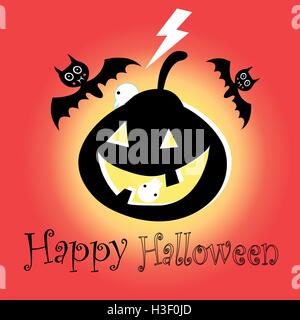Il poster per la festa di Halloween con pipistrelli e zucche su un sfondo fiery Illustrazione Vettoriale