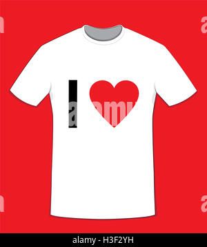 Un vettore cartoon che rappresentano una t-shirt, realizzata in cotone bianco su sfondo rosso, "Io amo' testo sul lato anteriore e uno spazio di copia di customiz Foto Stock