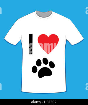Un vettore cartoon che rappresentano una t-shirt, realizzata in cotone bianco su sfondo blu, "Io amo' testo sul lato anteriore e una zampa nero Foto Stock