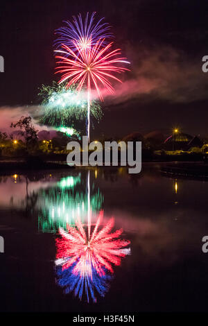 Fuochi d'artificio riflessa nell'acqua di rose di Tralee Festival nella Contea di Kerry, Irlanda Foto Stock