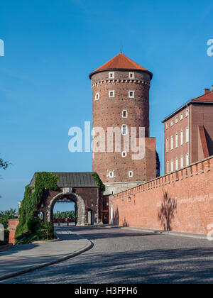 Gotico medievale Torre Sandomierska, cancello di ingresso e mura difensive al Castello Reale di Wawel a Cracovia (Cracovia), Polonia Foto Stock