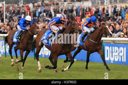 Churchill (centro) cavalcato da Ryan Moore va su win il Dubai DELTA NAT GAS picchetti davanti a Lancaster Bomber (destra) cavalcato da Colm O'Donoghue nella seconda durante il giorno due del futuro di Dubai Champions Festival a Newmarket Racecourse. Foto Stock