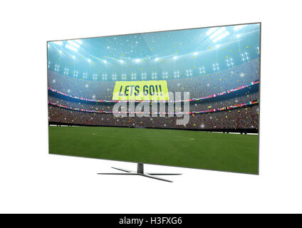 Eseguire il rendering di una moderna TV con soccer stadium sullo schermo. Il rendering 3d. Foto Stock