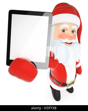 3d natale persone illustrazione. Babbo Natale con un tablet schermo vuoto. Isolato sullo sfondo bianco. Foto Stock