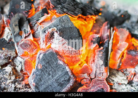 La combustione di carbonella Close Up. Carbone caldo incandescente bricchette. Foto Stock
