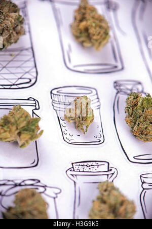 Essiccata la cannabis (marijuana) gemme pattern su un vaso disegno su carta bianca Foto Stock