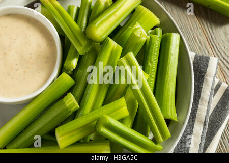 Materie Verde biologico gambi di sedano con Ranch Dip Foto Stock