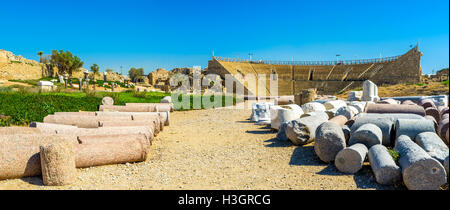 L antico Colosseo romano con la giacente rovinato colonne sul primo piano, CESAREA, Israele. Foto Stock