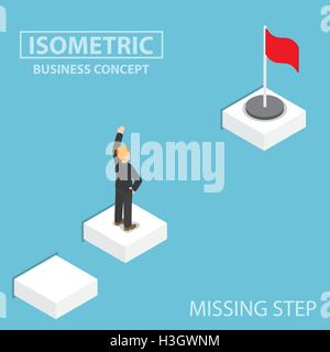 Appartamento 3D isometrica imprenditore rivolta con la fase mancante per il successo aziendale, il concetto di ostacolo Illustrazione Vettoriale