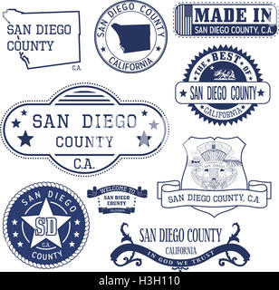 San Diego County, California. Serie di francobolli generico e segni compresi San Diego County map e gli elementi di tenuta. Foto Stock