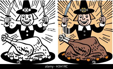 Pellegrino di mangiare un tacchino del Ringraziamento la cena. Illustrazione Vettoriale