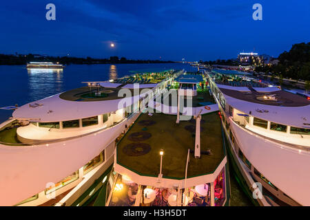 Wien, Vienna: nave da crociera navi terminal portuali a Reichsbrücke, notte di luna piena, 02., Wien, Austria Foto Stock