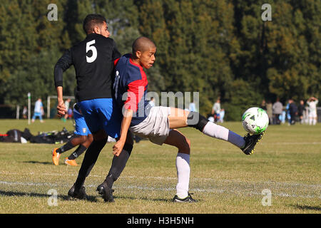 Shakespeare (rosso/blu) vs FC Bartlett, Hackney & Leyton Domenica League calcio a Hackney paludi il 9 ottobre 2016 Foto Stock