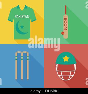 Il Pakistan cricket icone nel design piatto con ombre lunghe Illustrazione Vettoriale