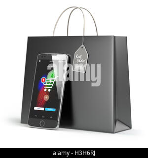 Shopping online concetto. Telefono cellulare o smartphone con shopping bag carta isolato su bianco. 3d illustrazione Foto Stock