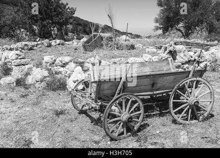 Svuotare il vecchio rurale carro in legno, foto in bianco e nero Foto Stock